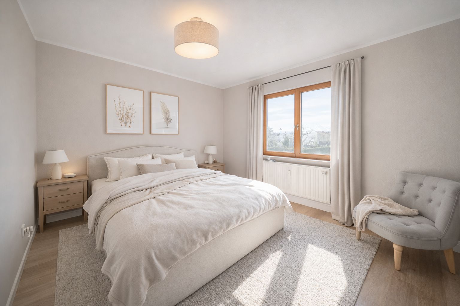 Helles Schlafzimmer mit Doppelbett, zwei Nachttischen, Sessel und großem Fenster.