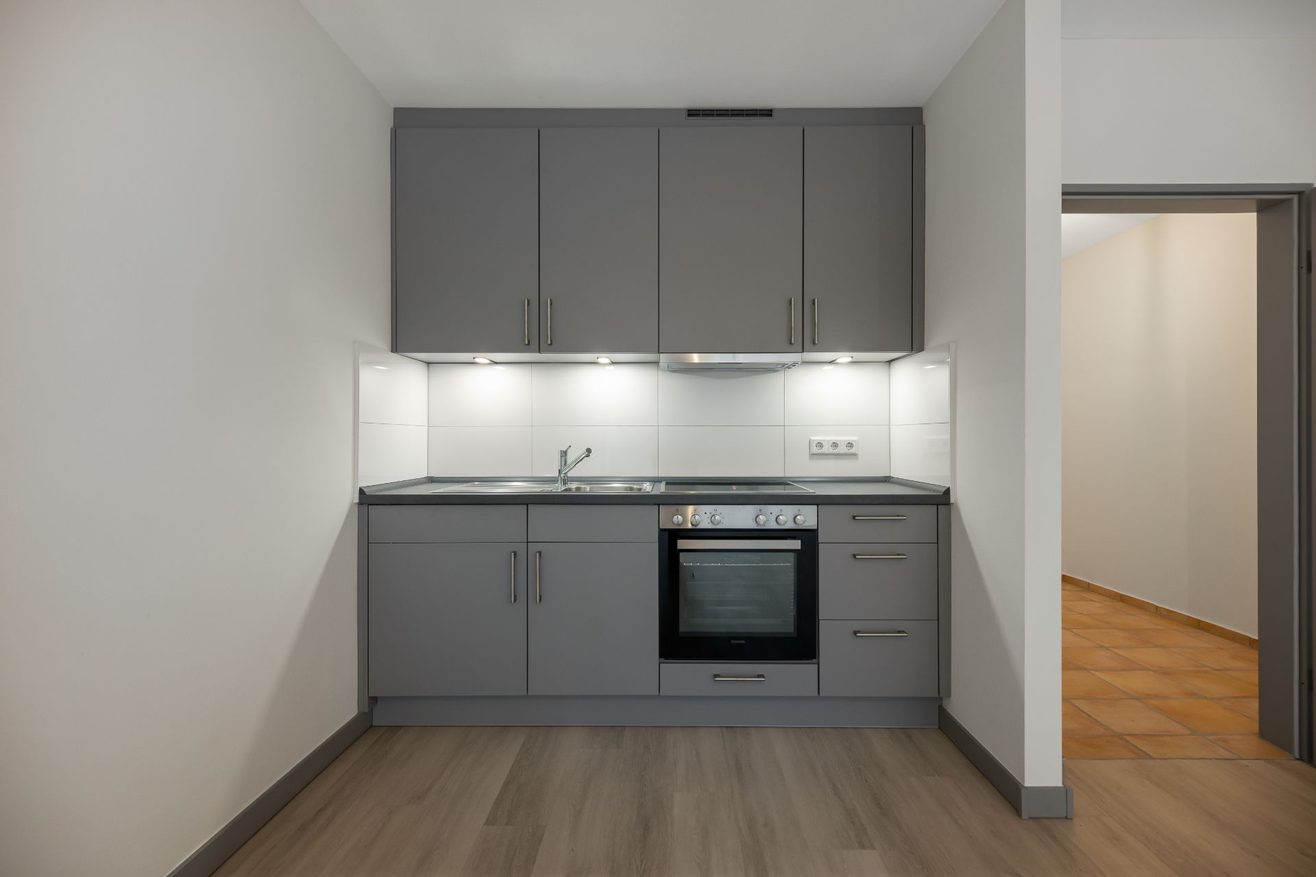 Moderne Einbauküche mit grauen Schränken, Herd und Spüle an einer Wand.