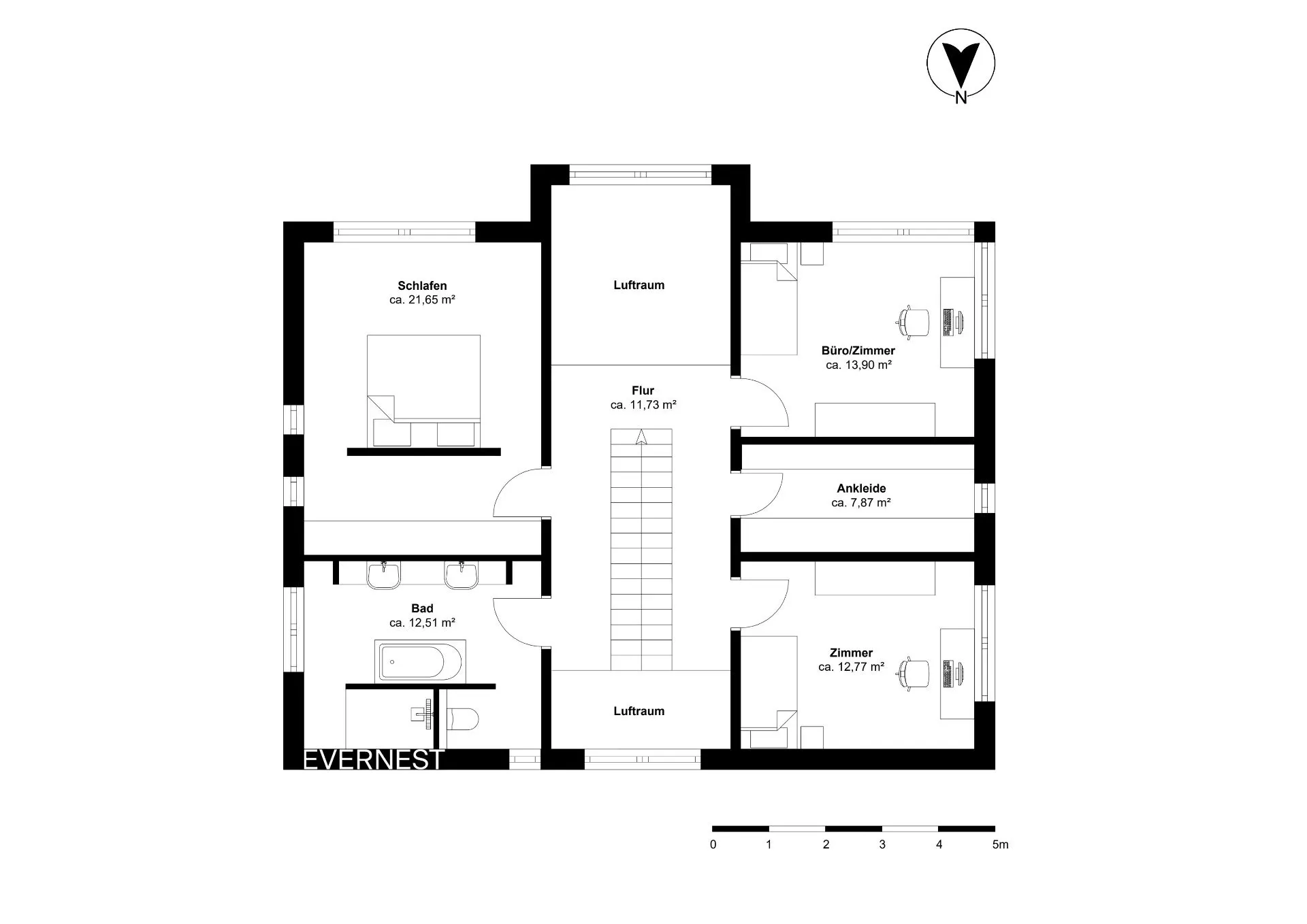 Grundriss mit Schlafzimmer, Bad, Ankleide, Büro/Zimmer, Zimmer und Flur.