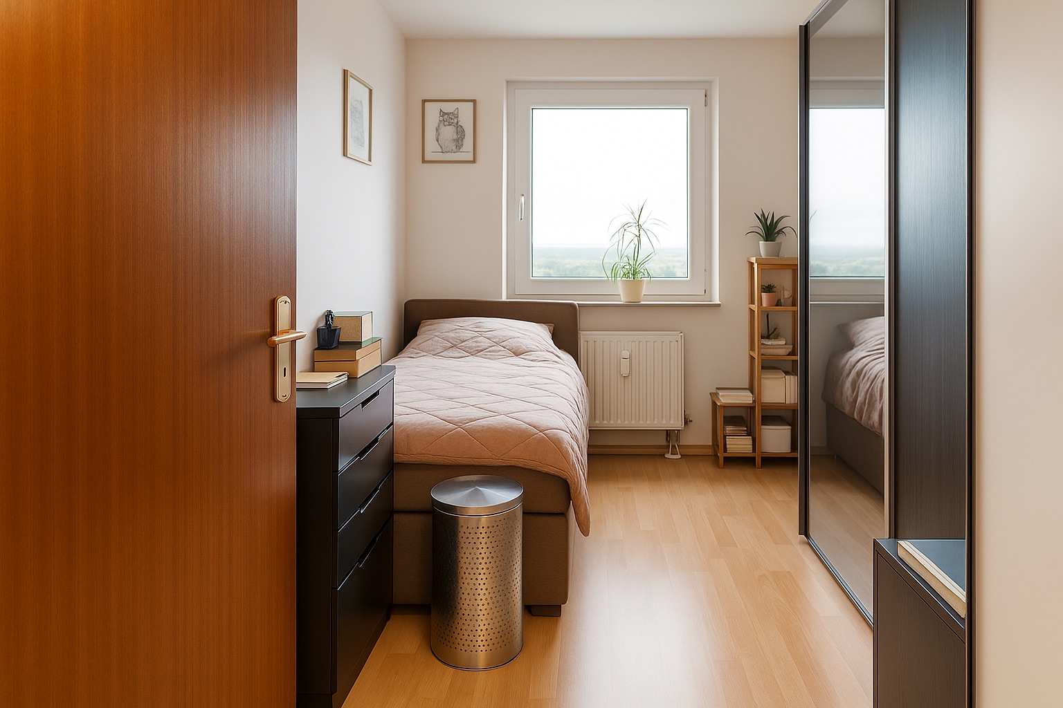 Kleines Schlafzimmer mit Einzelbett, Kommode, Spiegel-Schrank und Fenster mit Pflanzen.