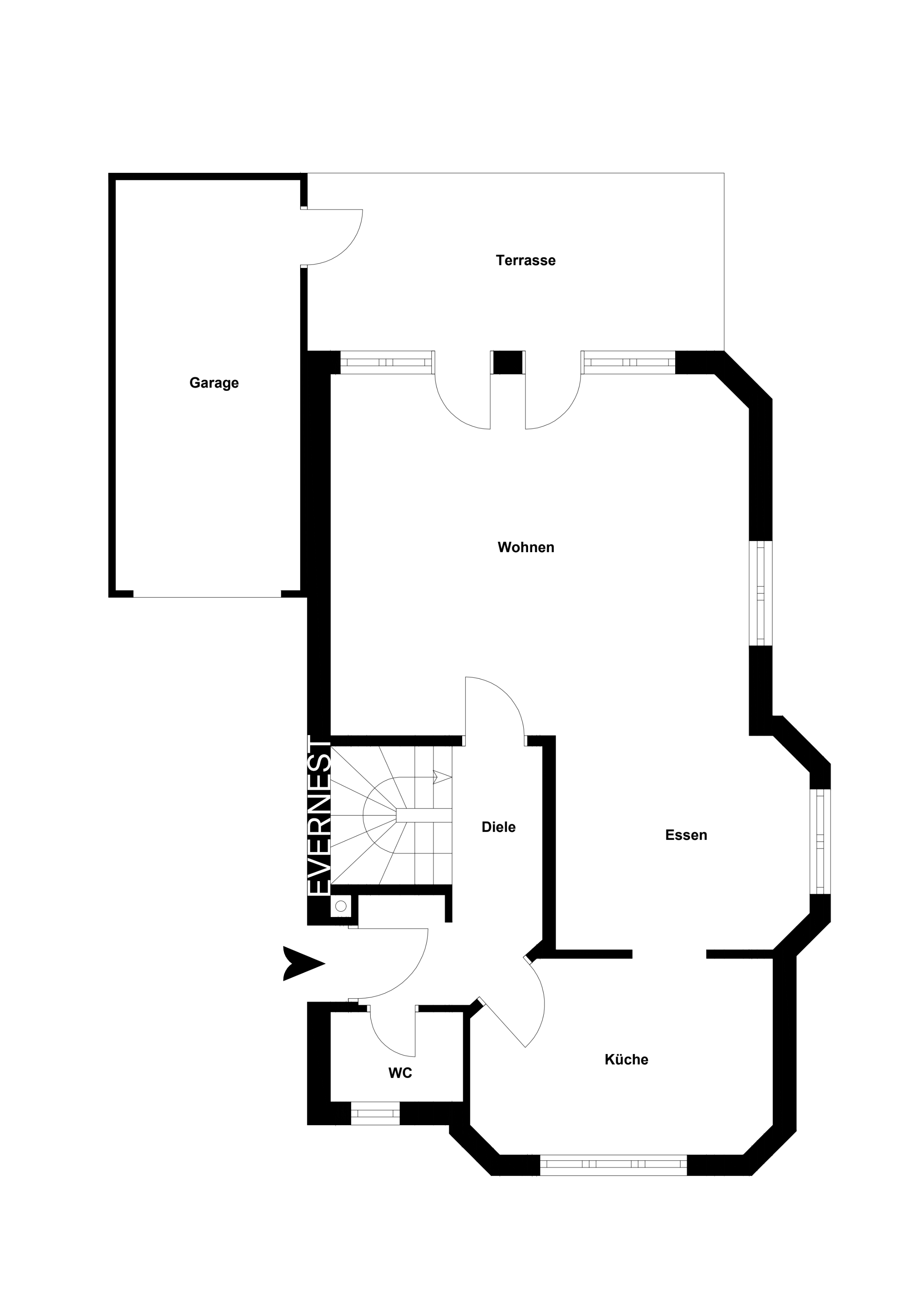 Grundriss mit Garage, Terrasse, Wohnen, Essen, Küche, Diele und WC.