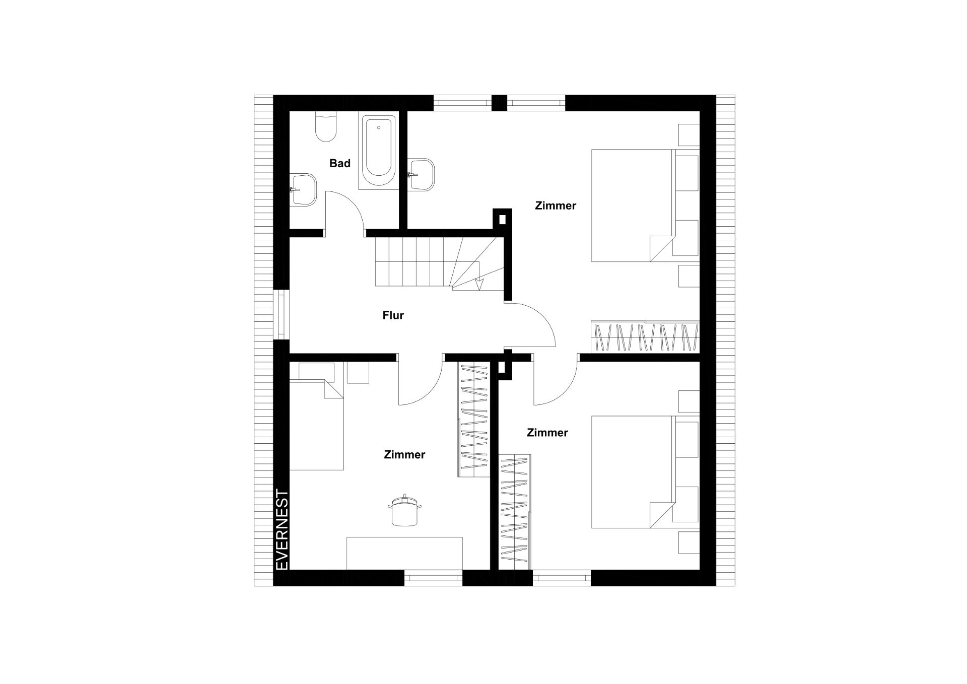 Grundriss mit Flur, Bad und drei Zimmern, Möbel im Plan eingezeichnet.