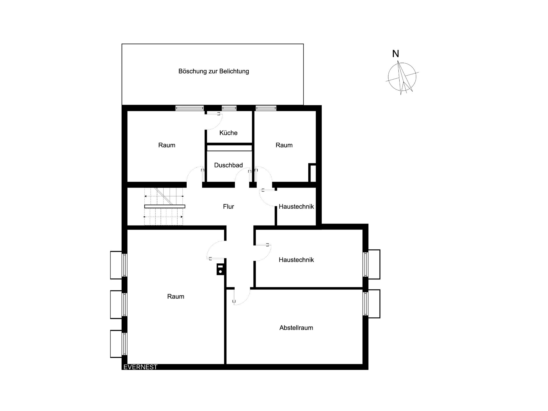 Grundriss eines Hauses mit Küche, Duschbad, Flur, Abstellraum und mehreren Räumen.