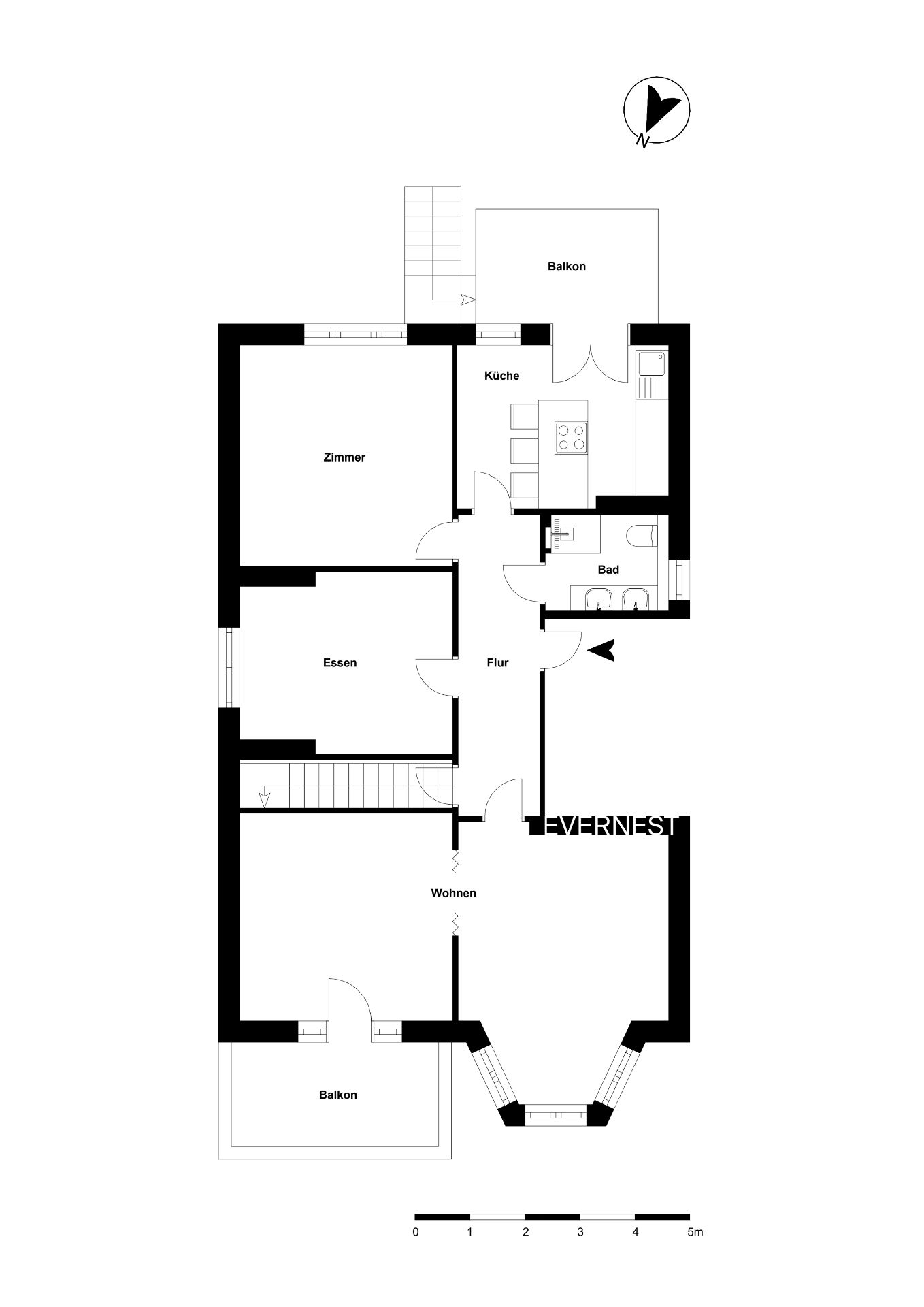 Grundriss einer Wohnung mit Zimmer, Küche, Bad, Esszimmer, Wohnzimmer und zwei Balkonen.