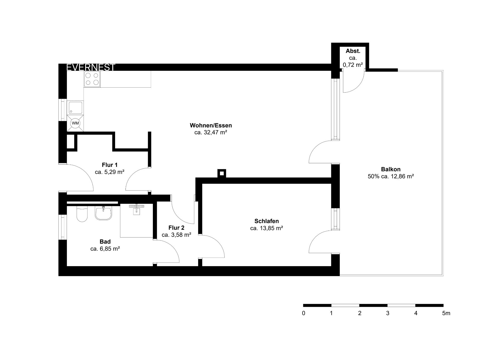 Grundriss einer Wohnung mit Schlafzimmer, Bad, Küche, Wohnraum, Flur und Balkon.