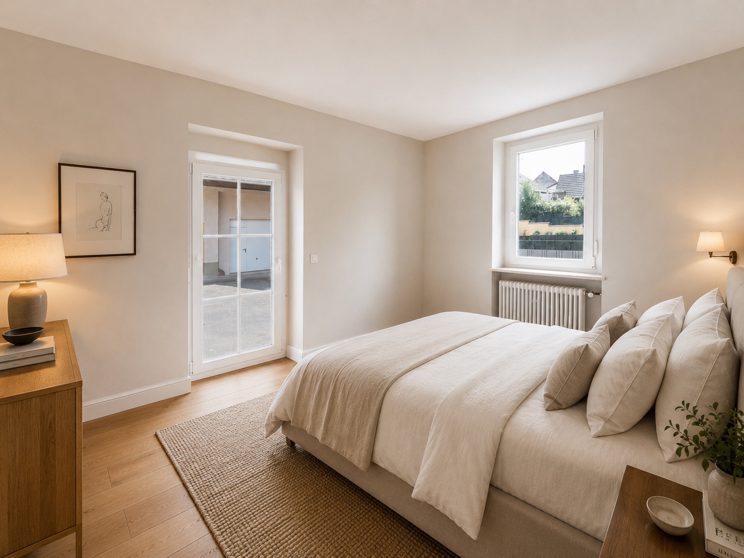 Helles Schlafzimmer mit Doppelbett, Nachttisch, Kommode und zwei Fenstern.