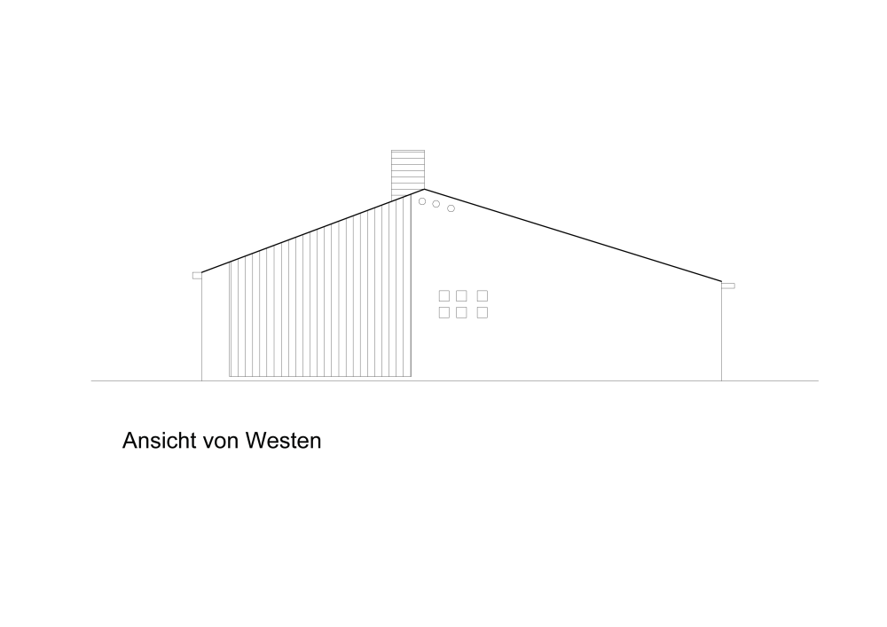 Architektonische Zeichnung einer Hausfassade mit schrägem Dach, kleinen Fenstern und Schornstein.