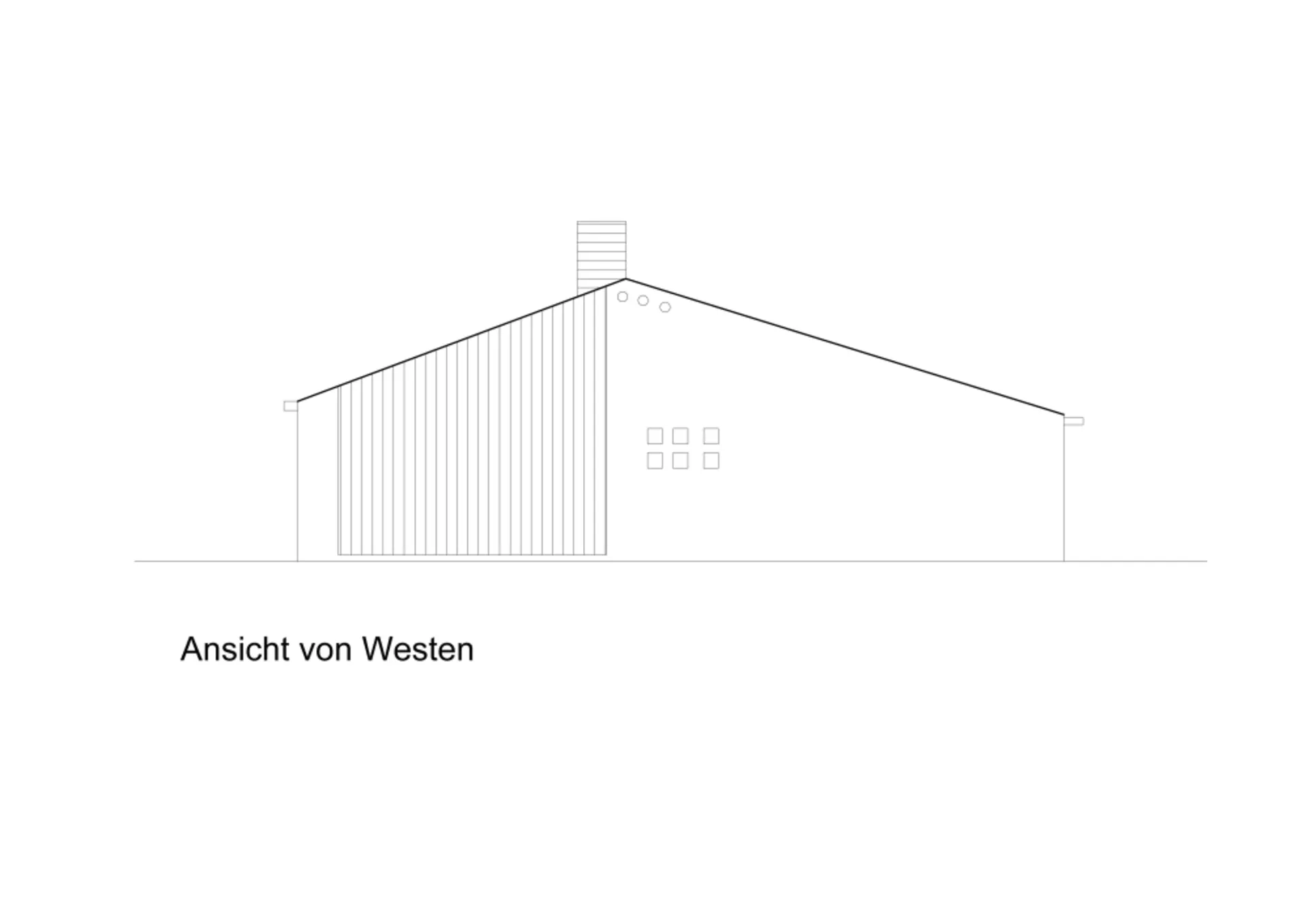 Architektonische Zeichnung einer Hausfassade mit schrägem Dach, kleinen Fenstern und Schornstein.