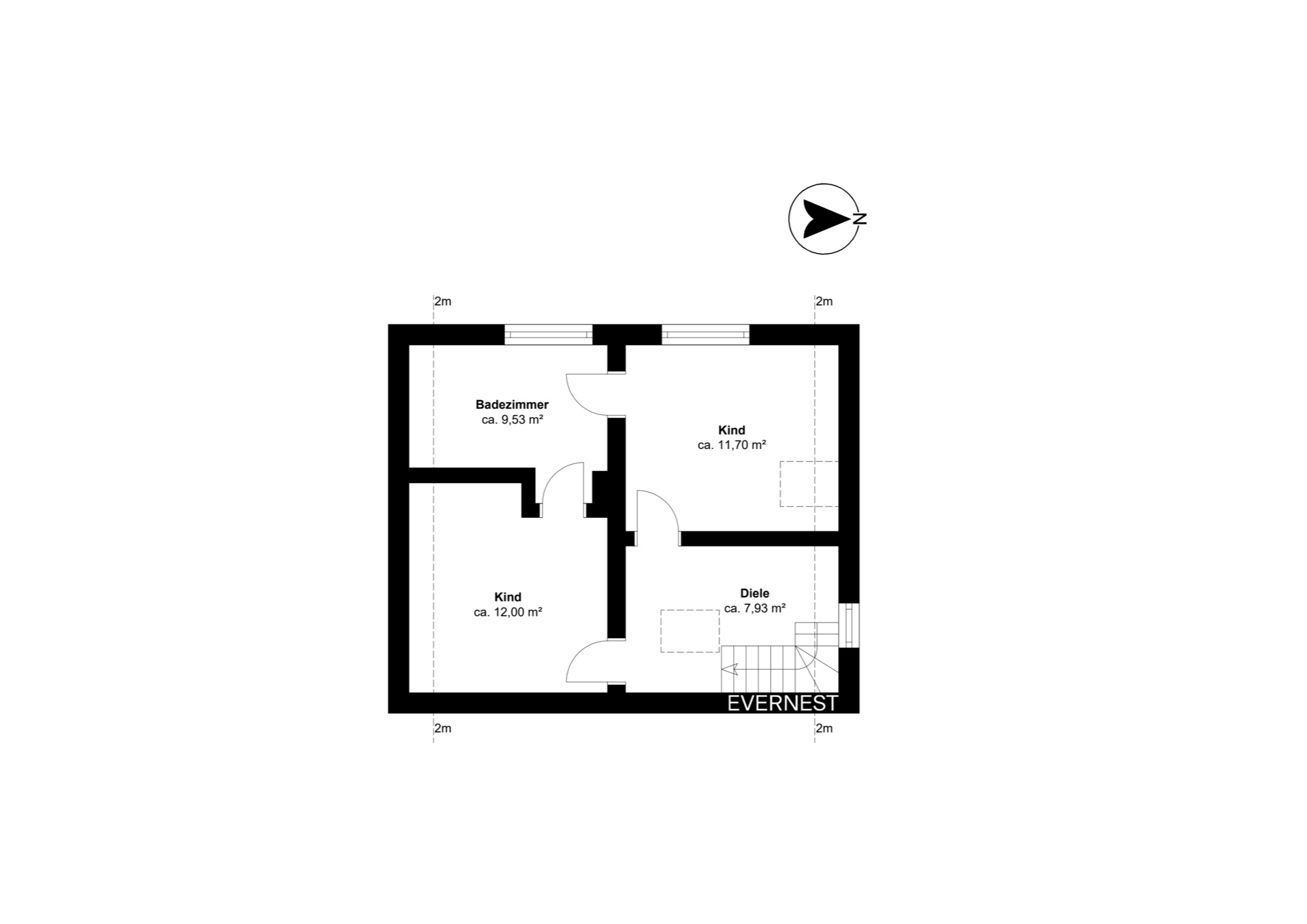 Grundriss mit zwei Kinderzimmern, Badezimmer und Diele, jeweils mit Quadratmeterangaben.