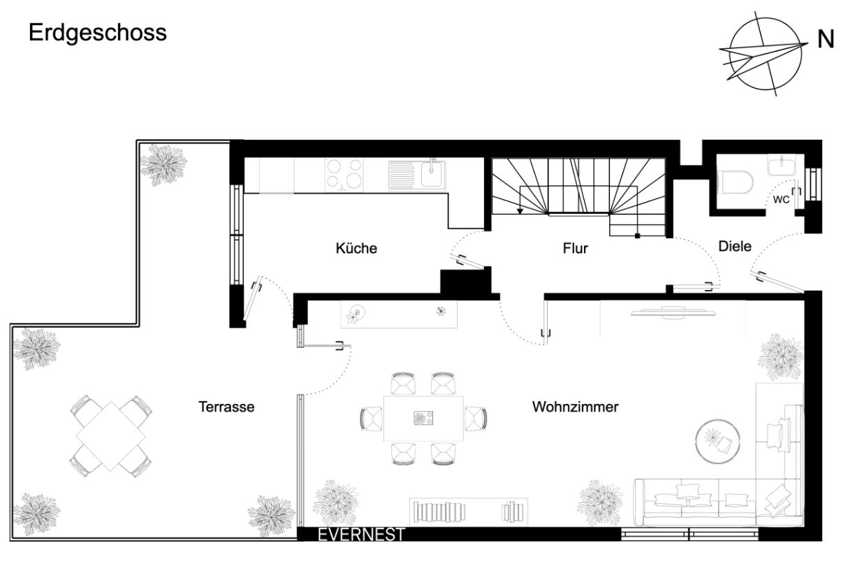Grundriss des Erdgeschosses mit Wohnzimmer, Küche, Terrasse, Flur, Diele und WC.