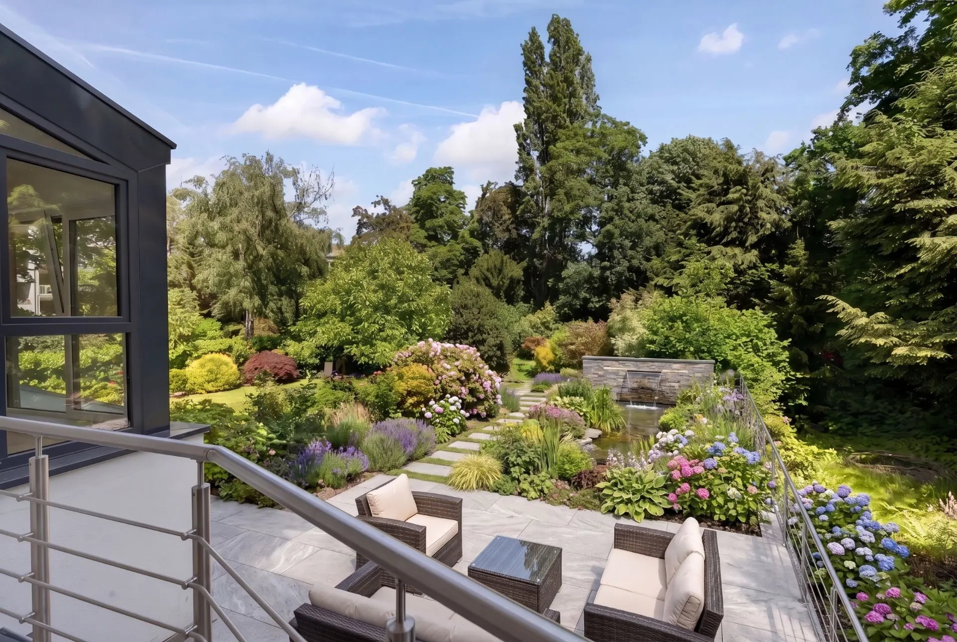 Große Terrasse mit Sitzgruppe, Blick auf bunten Garten mit Blumen, Bäumen und Wasserbecken.
