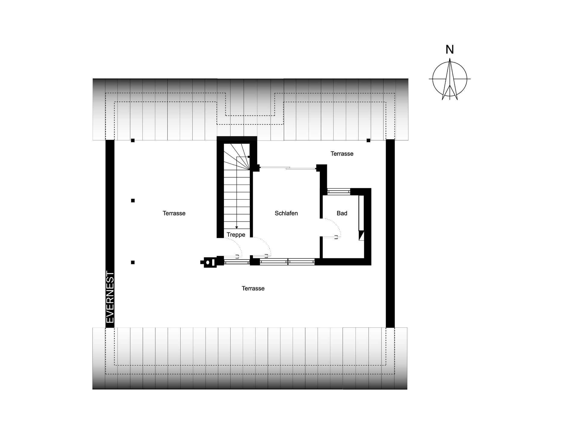 Grundriss mit Schlafzimmer, Bad, Treppe und umlaufender Terrasse.