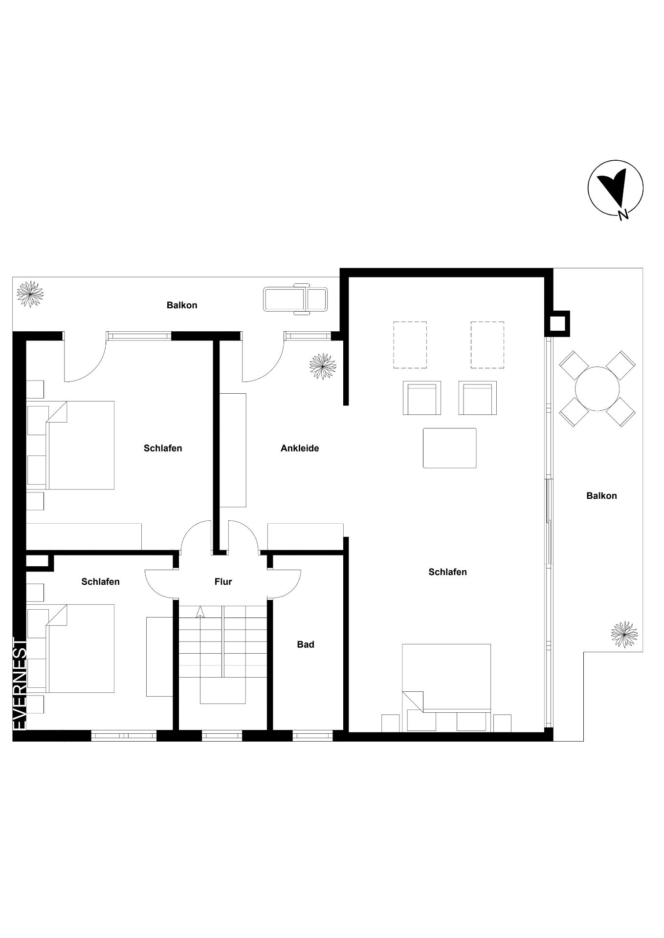 Grundriss einer Wohnung mit drei Schlafzimmern, Bad, Ankleide, Flur und zwei Balkonen.