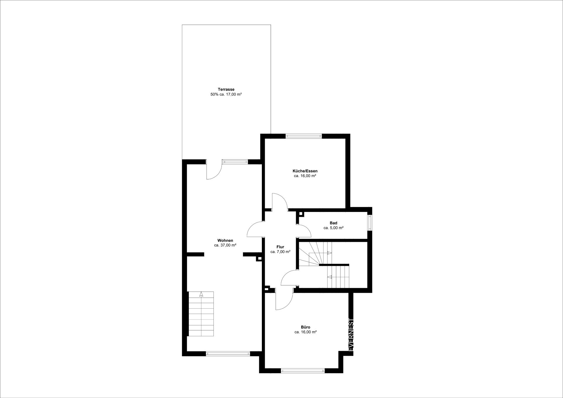 Grundriss mit Wohnzimmer, Küche, Bad, Flur, Büro und Terrasse, Größenangaben in Quadratmetern.