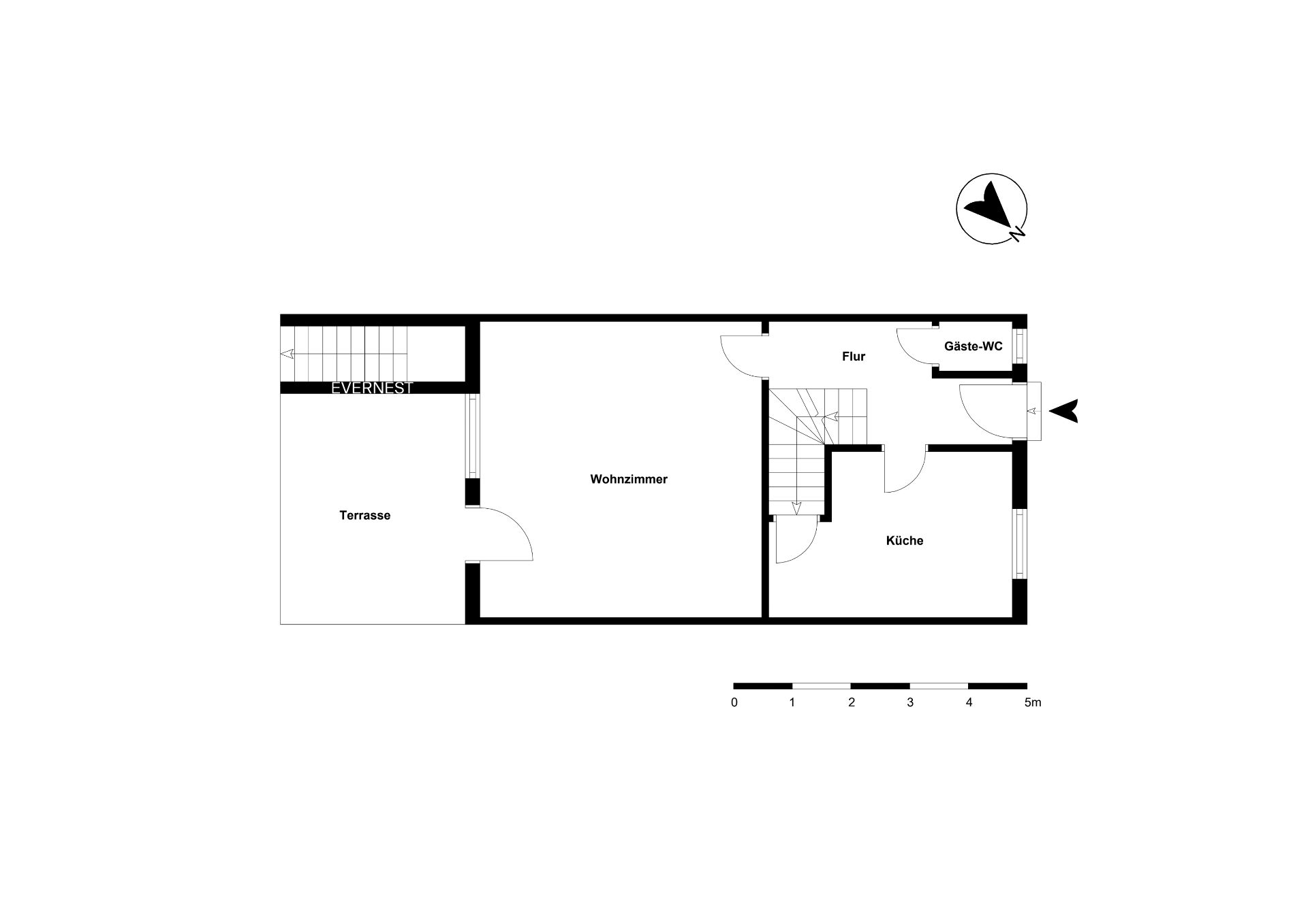Grundriss mit Wohnzimmer, Küche, Gäste-WC, Flur und Terrasse.