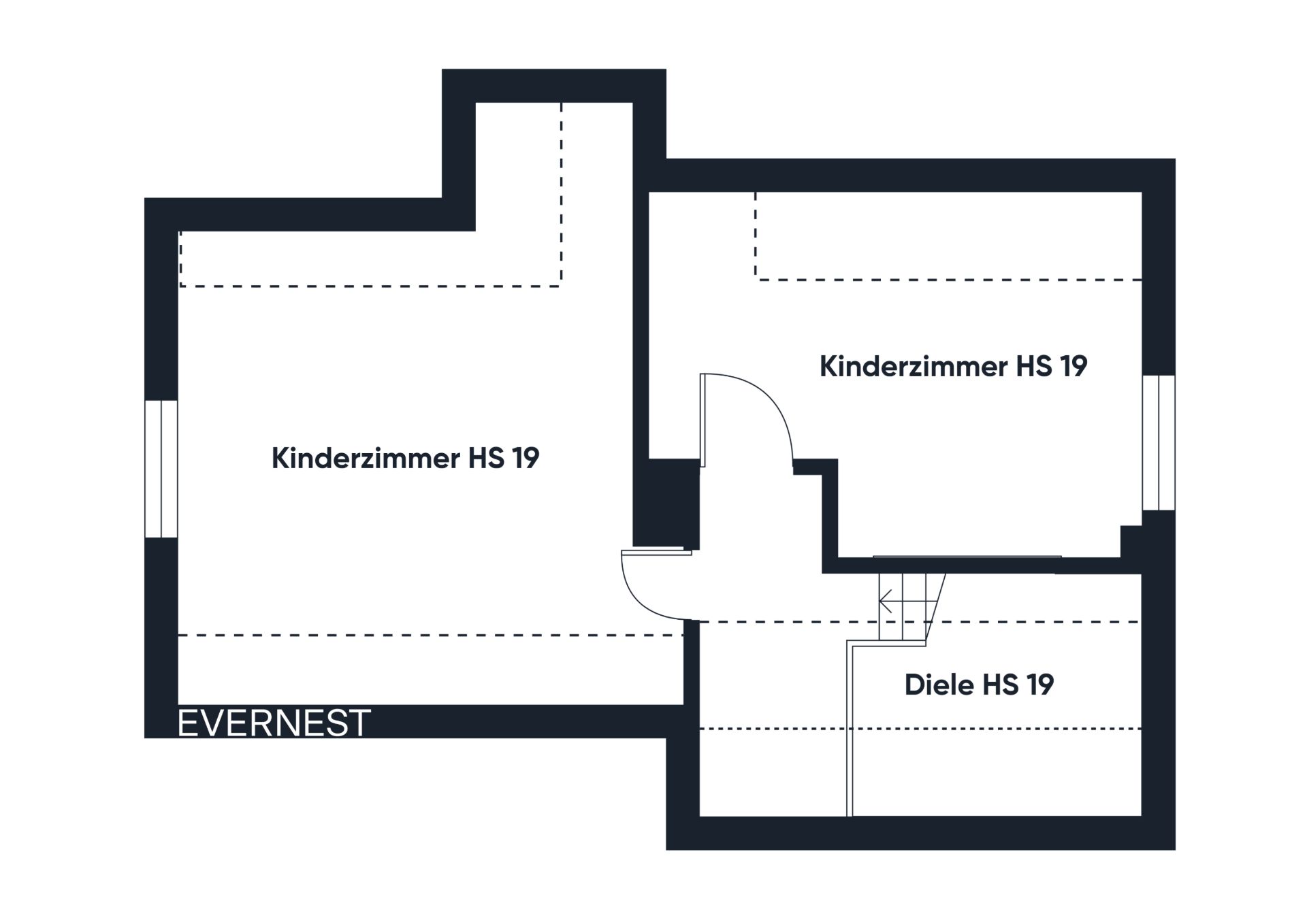 Grundriss mit zwei Kinderzimmern und einer Diele, Türen und Wände sind klar sichtbar.