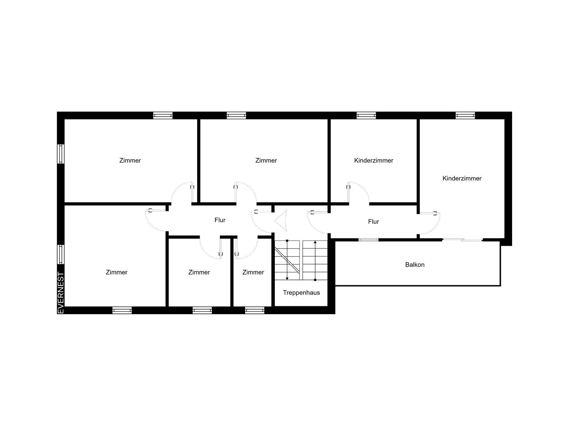 Grundriss einer Wohnung mit mehreren Zimmern, Fluren, Treppenhaus und Balkon.