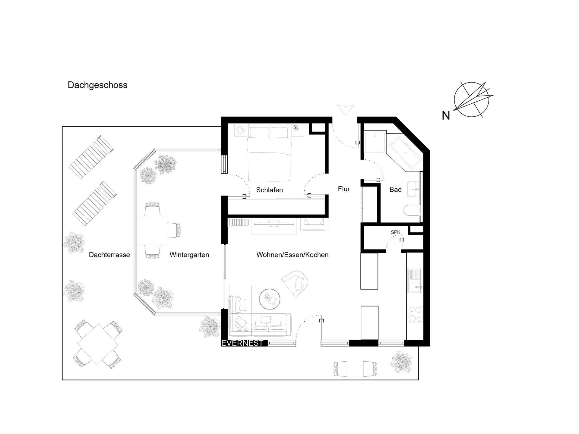 Grundriss einer Wohnung mit Schlafzimmer, Bad, Wohnbereich, Wintergarten und Dachterrasse.