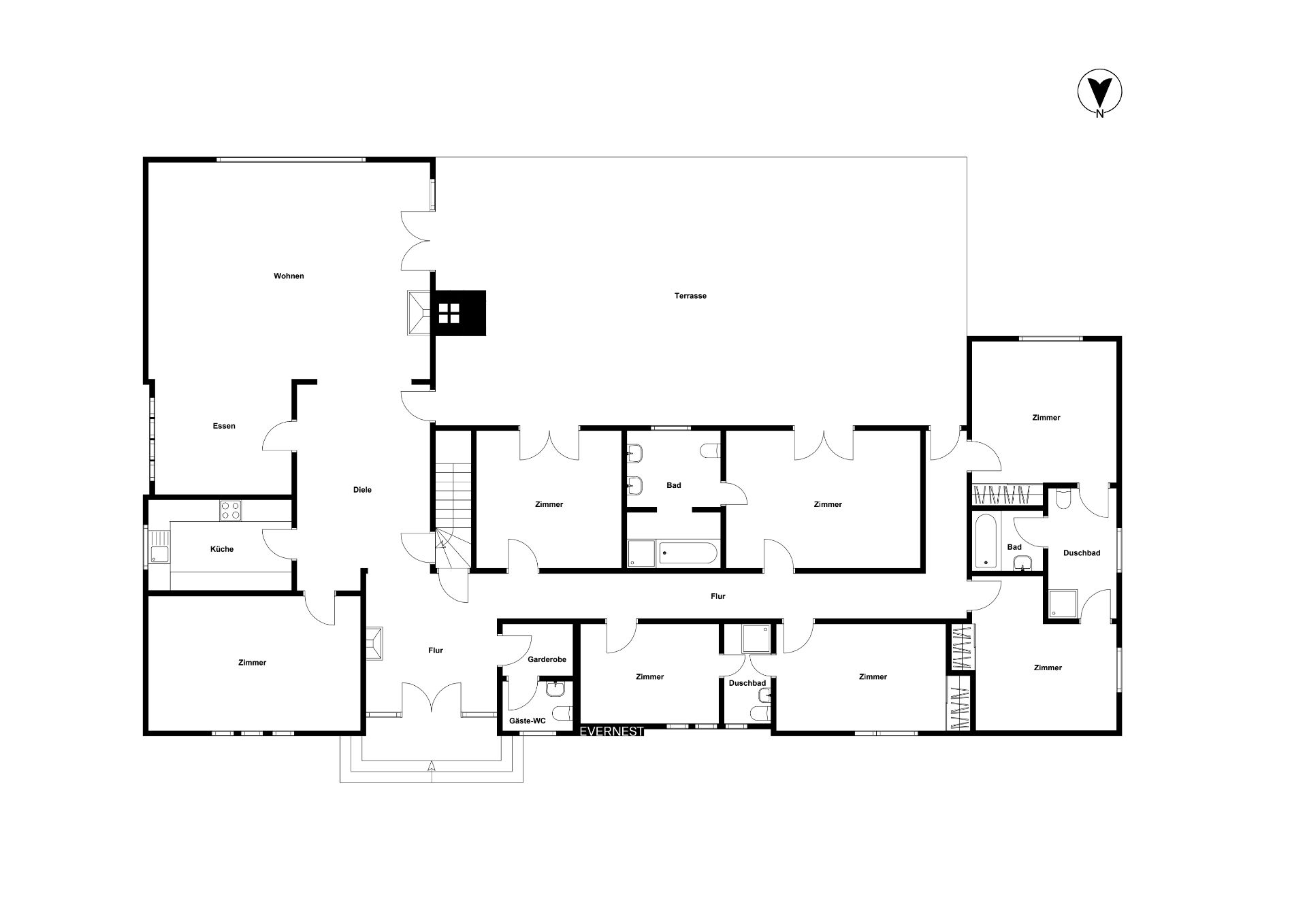 Grundriss eines Wohnhauses mit mehreren Zimmern, Küche, Bädern und Terrasse.