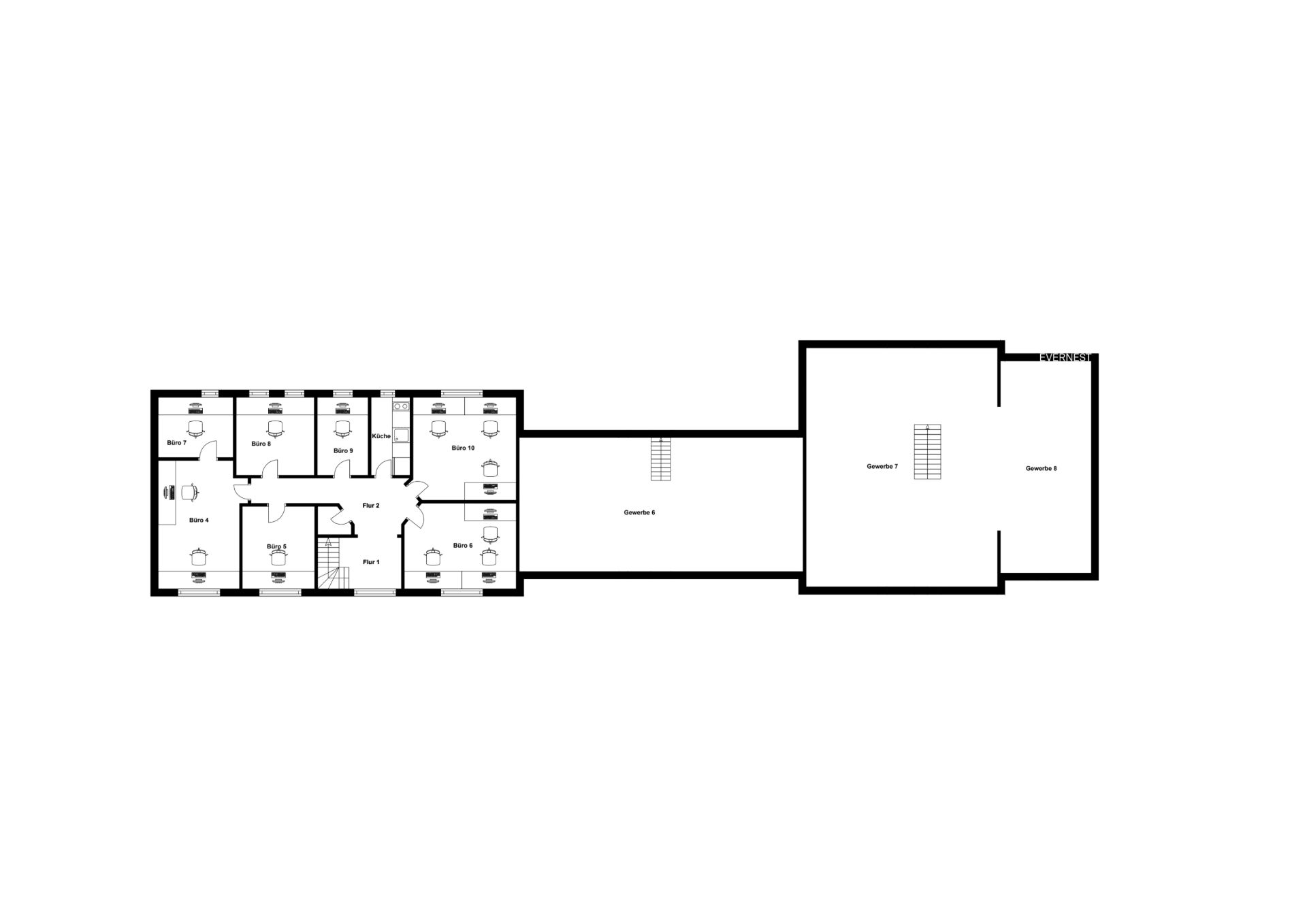 Grundriss mit mehreren Schlafzimmern, Badezimmern und Fluren auf einer Etage.