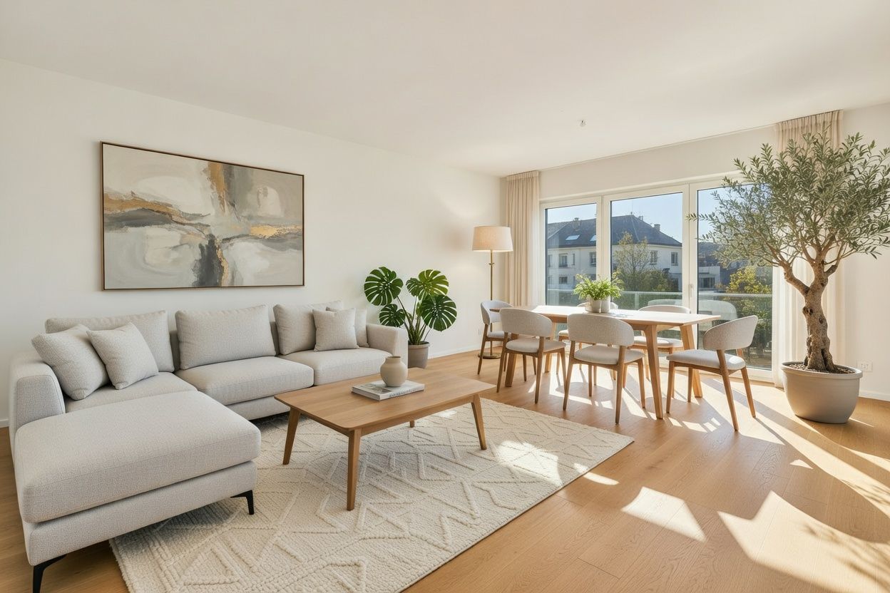 Helles Wohnzimmer mit Sofa, Holztisch, Esstisch, großen Fenstern und Zimmerpflanzen.