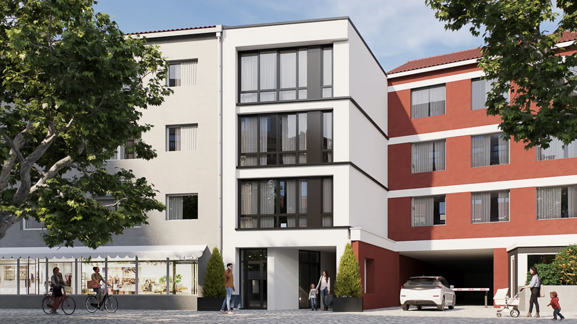 Modernes mehrstöckiges Wohngebäude mit großen Fenstern, Menschen und Autos davor.