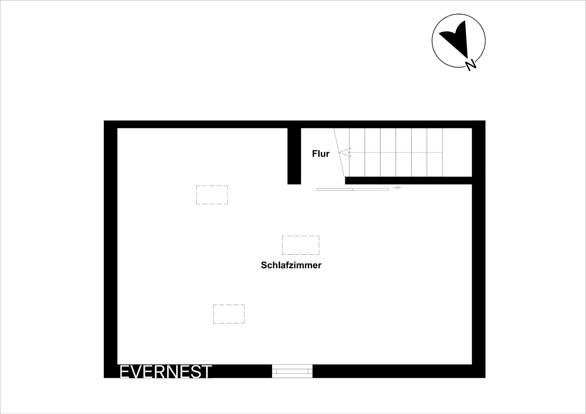 Grundriss mit Schlafzimmer und Flur, Treppe oben rechts eingezeichnet.