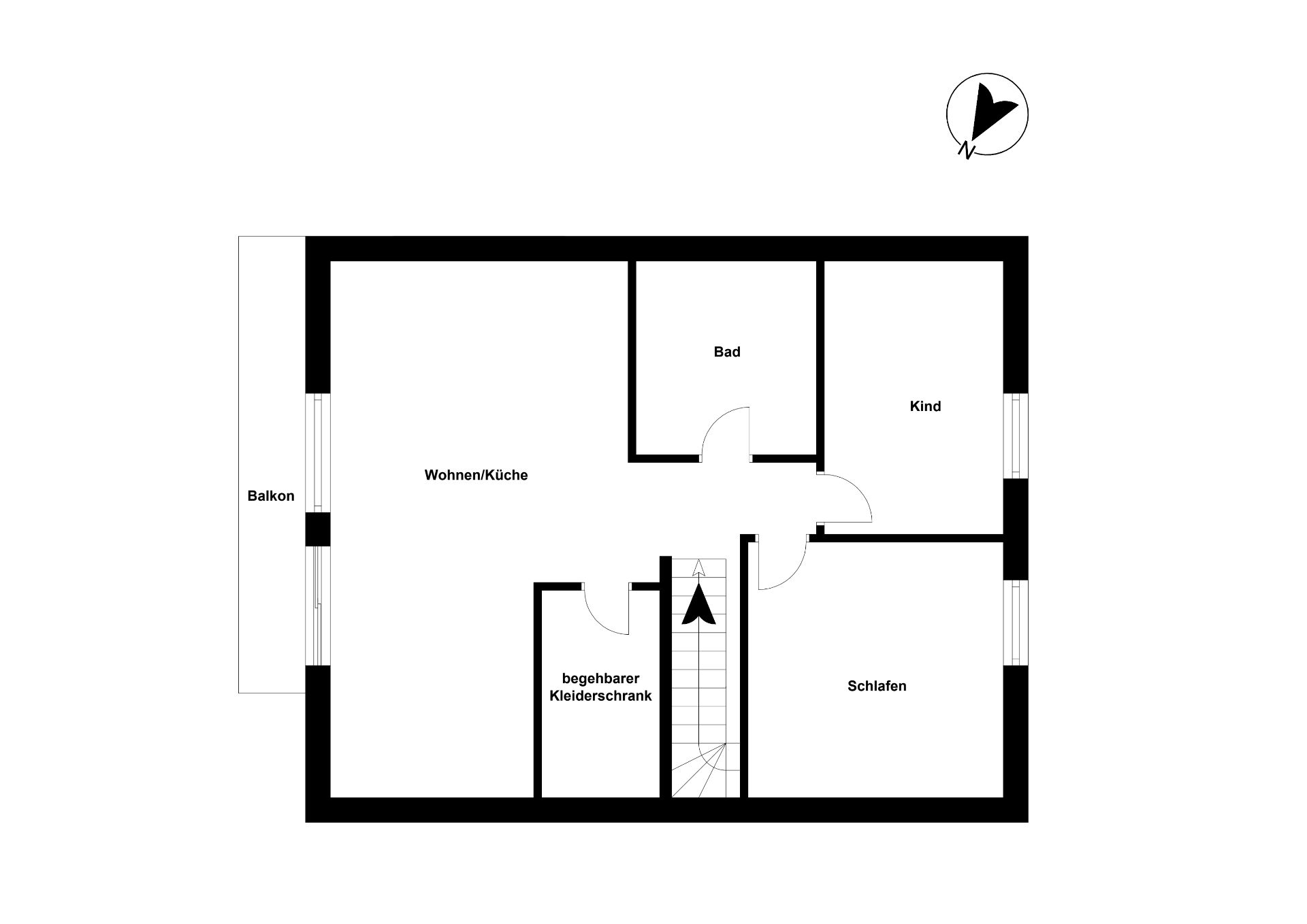 Grundriss einer Wohnung mit Balkon, Wohnküche, Bad, Kind, Schlafen und begehbarem Kleiderschrank.