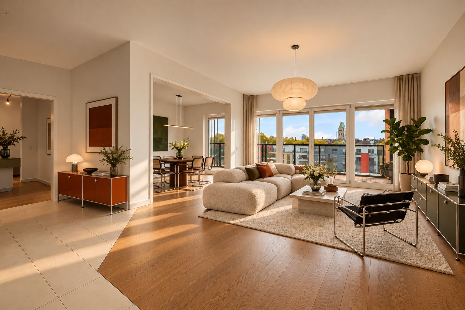 Helles Wohnzimmer mit Sofa, Sesseln, großem Fenster und Esstisch im Hintergrund.