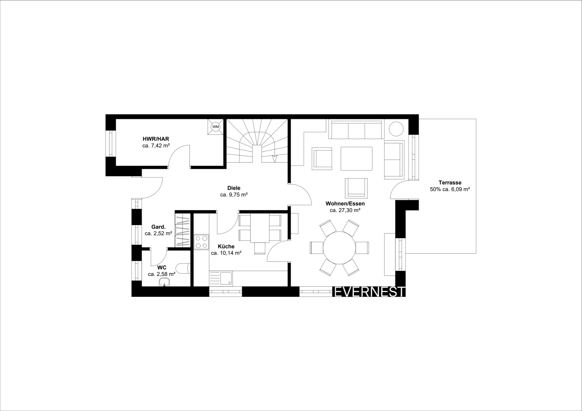 Grundriss einer Wohnung mit Wohnzimmer, Küche, Diele, WC, Garderobe, HWR und Terrasse.