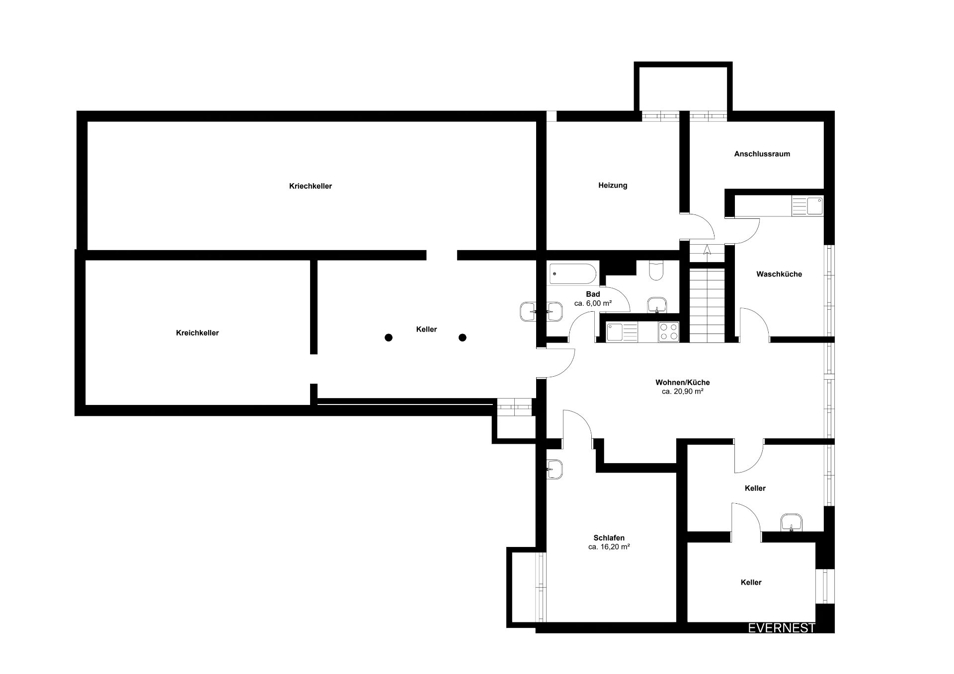 Grundriss eines Kellers mit mehreren Räumen, darunter Waschküche, Bad, Heizung und Schlafzimmer.