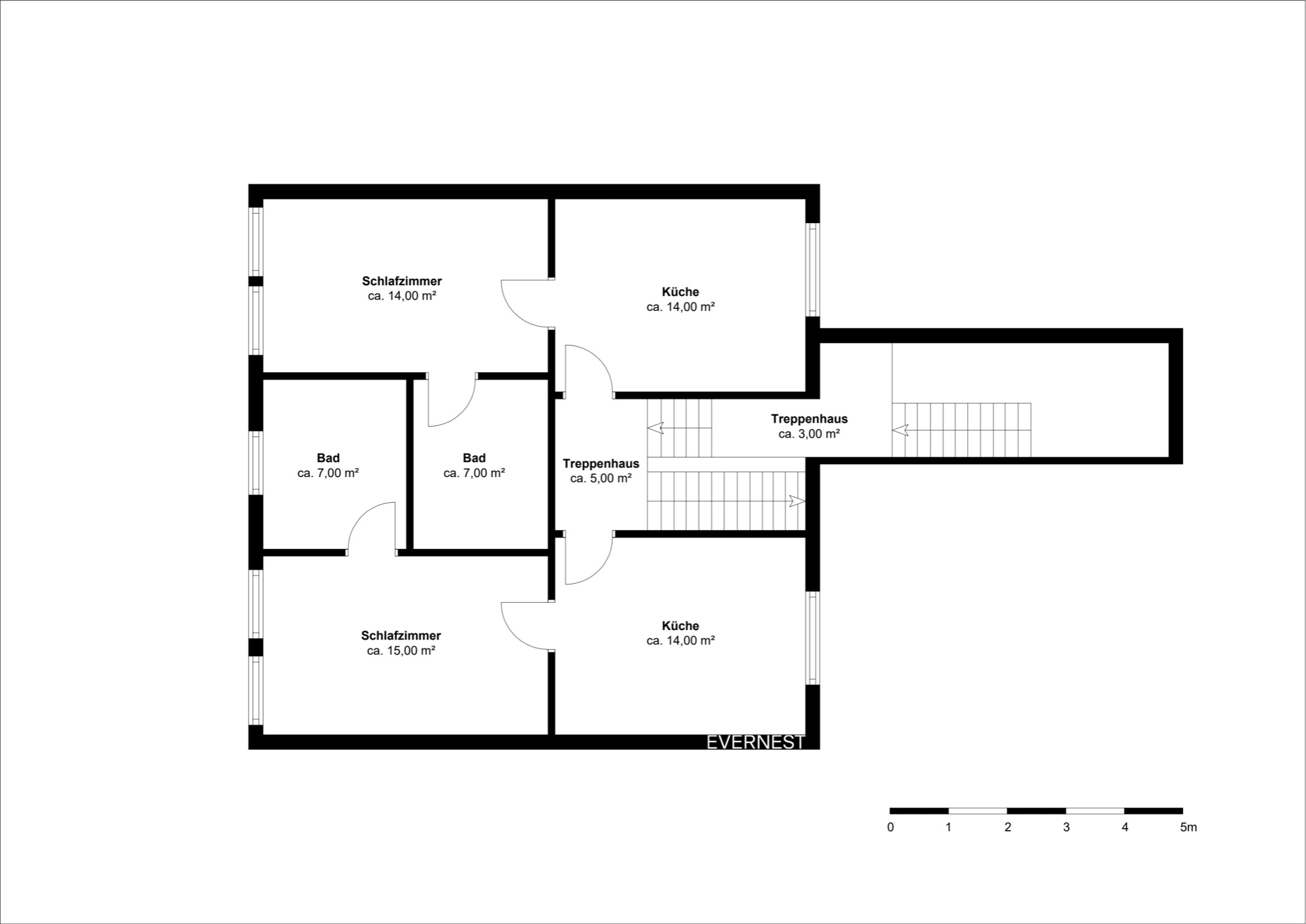 Grundriss mit zwei Schlafzimmern, zwei Bädern, zwei Küchen und Treppenhaus.