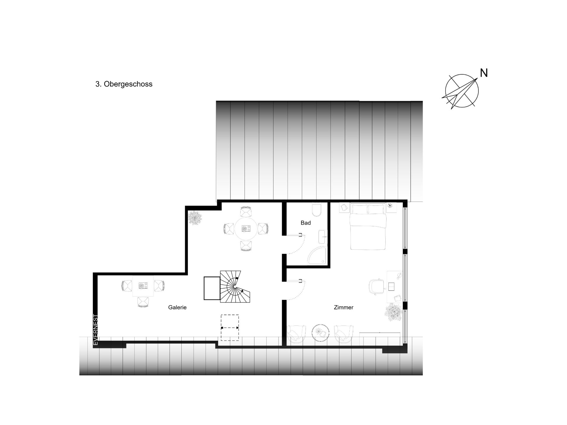 Grundriss des 3. Obergeschosses mit Galerie, Zimmer, Bad und Treppe.
