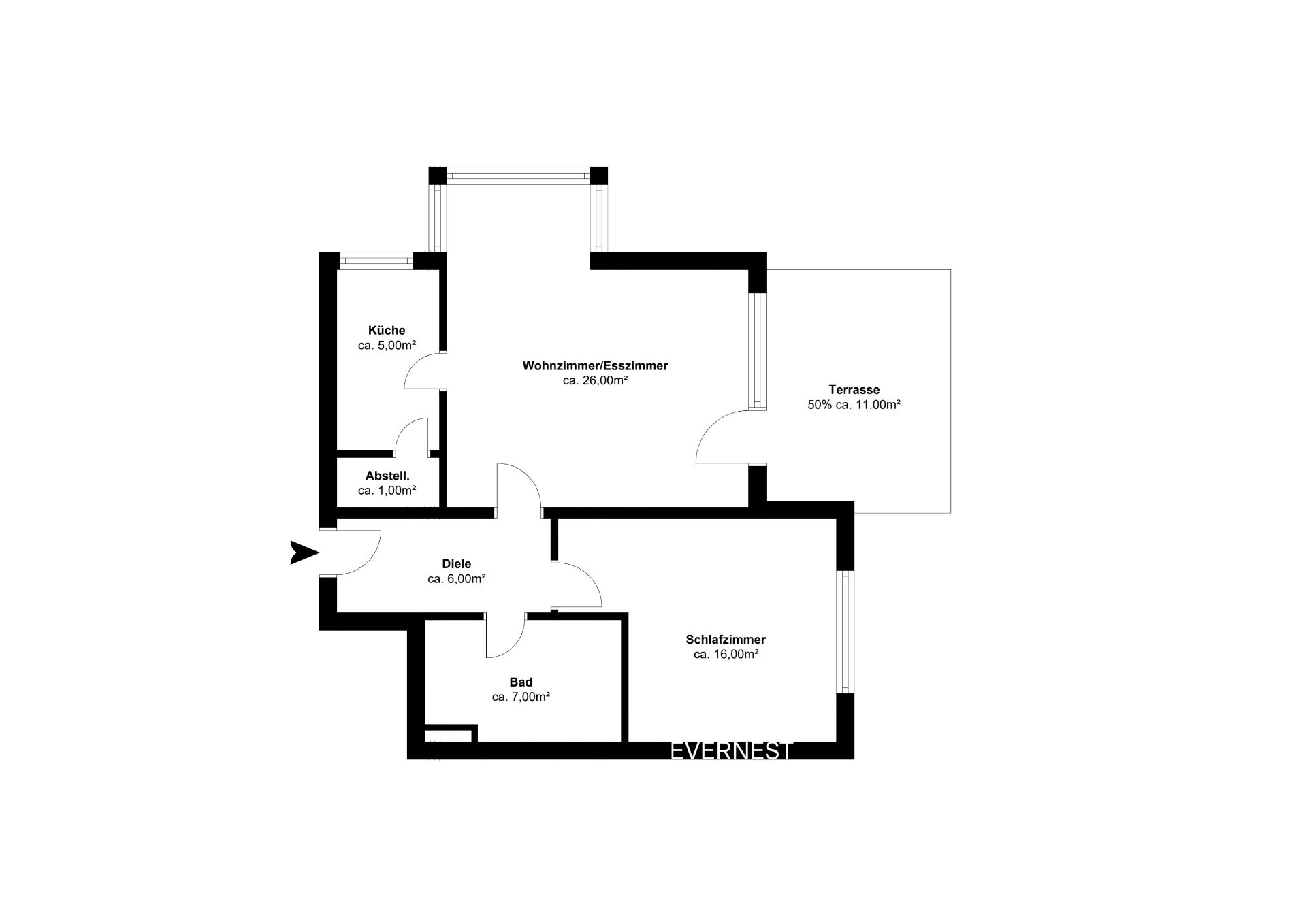 Grundriss mit Wohnzimmer, Schlafzimmer, Küche, Bad, Abstellraum, Diele und Terrasse.