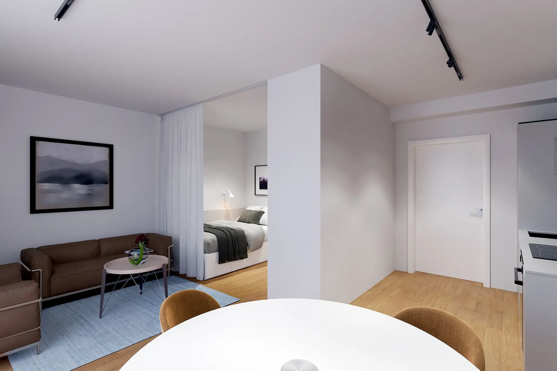 Modernes Wohnzimmer mit Sofa, Esstisch und Blick auf ein Schlafzimmer mit Bett.