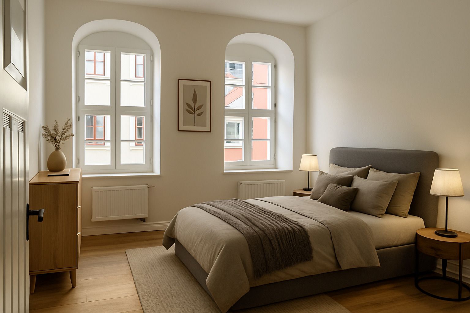 Gemütliches Schlafzimmer mit Doppelbett, zwei Fenstern, Nachttischen und einer Kommode.