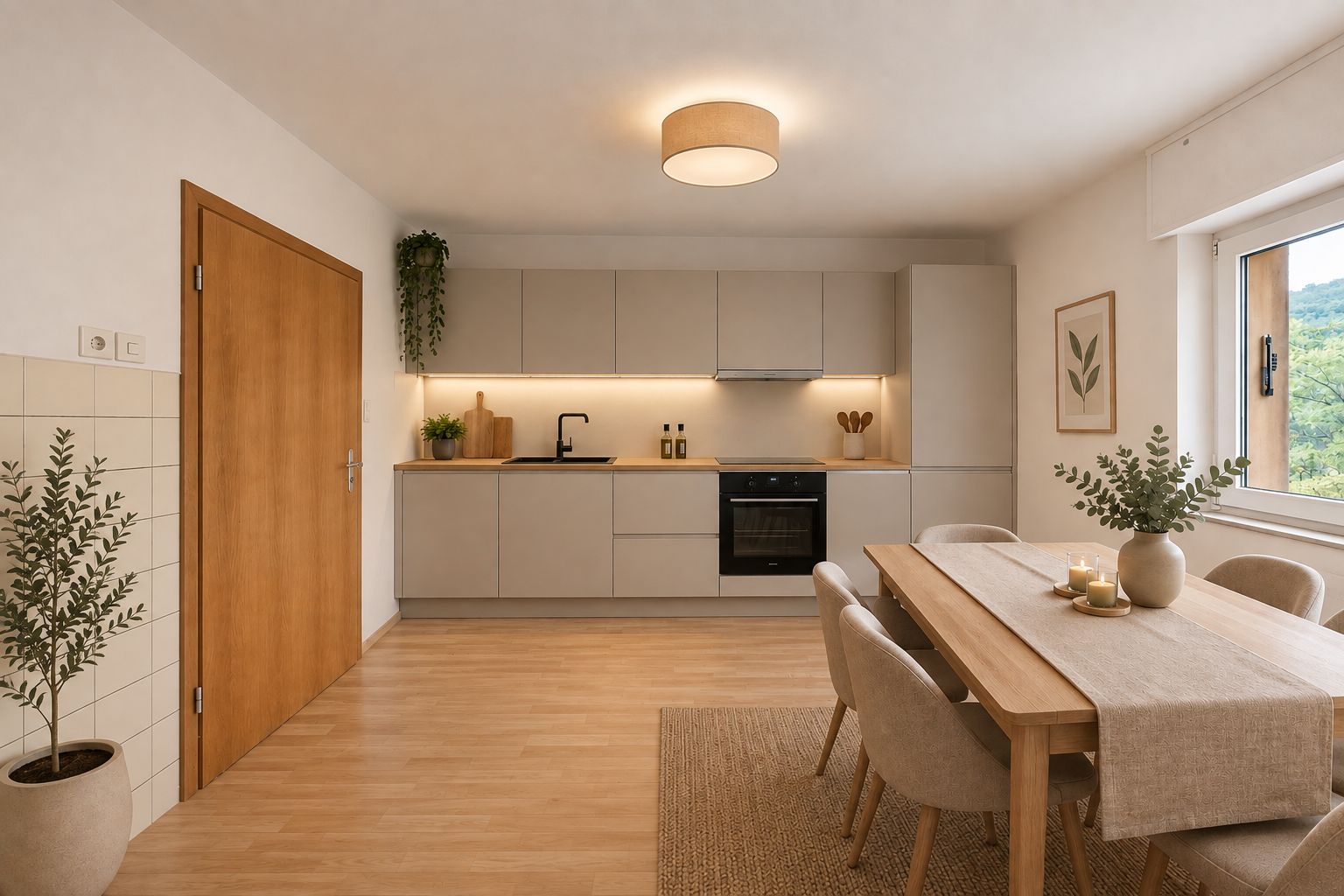 Moderne Küche mit Holzboden, Esstisch und hellen Möbeln, großes Fenster rechts.