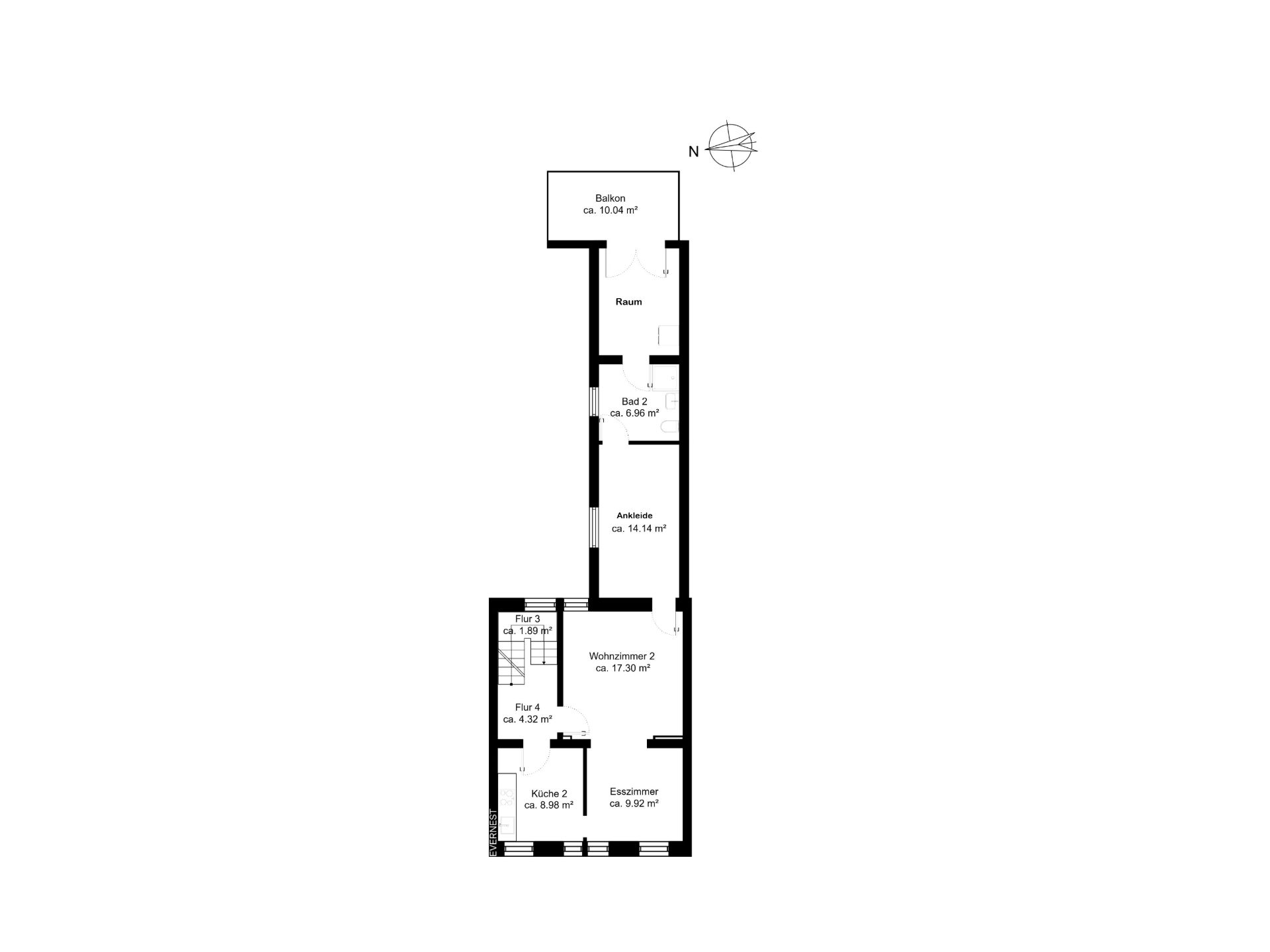 Grundriss einer Wohnung mit Balkon, zwei Wohnzimmern, Bad, Flur, Küche und Esszimmer.