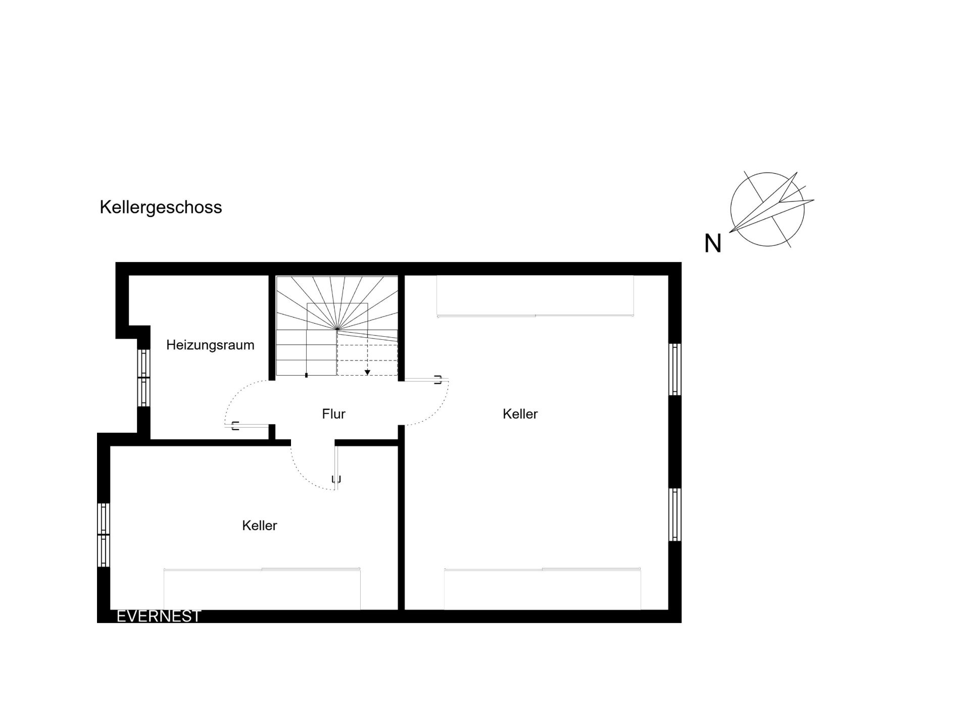 Grundriss des Kellers mit zwei Kellerräumen, Heizungsraum und Flur.