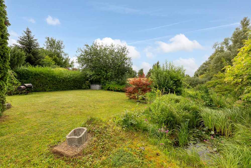 Großer Garten mit Rasen, Grill, Bäumen und Sträuchern unter blauem Himmel.