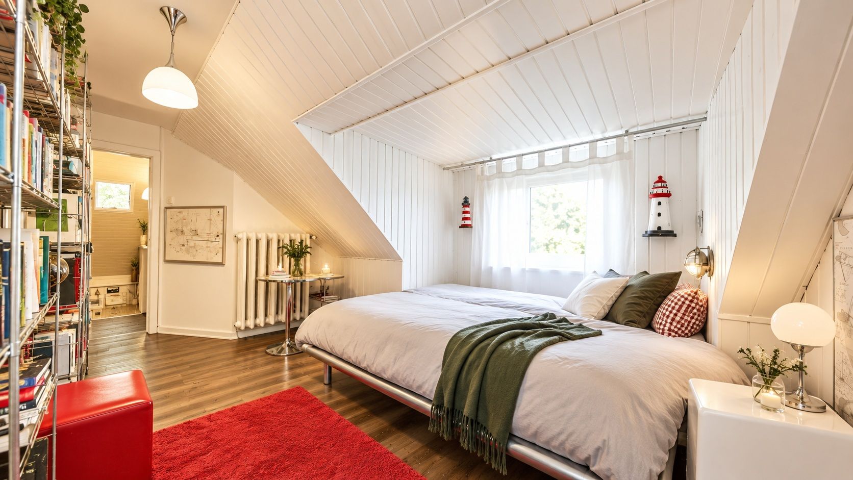 Helles Schlafzimmer mit Dachschräge, Doppelbett, rotem Teppich und Bücherregal.