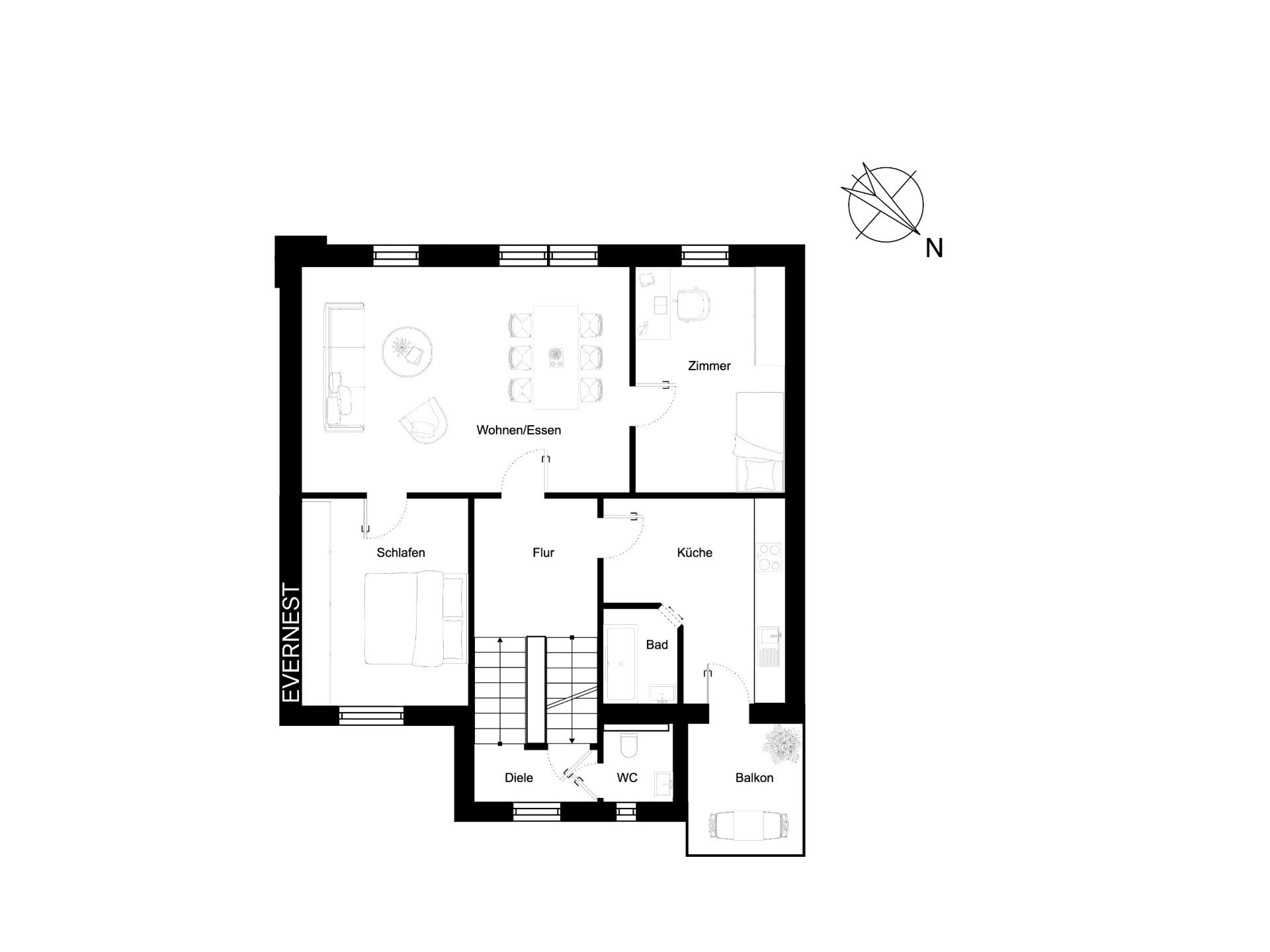 Grundriss einer Wohnung mit Wohnzimmer, Schlafzimmer, Küche, Bad, WC, Flur, Balkon und einem weiteren Zimmer.