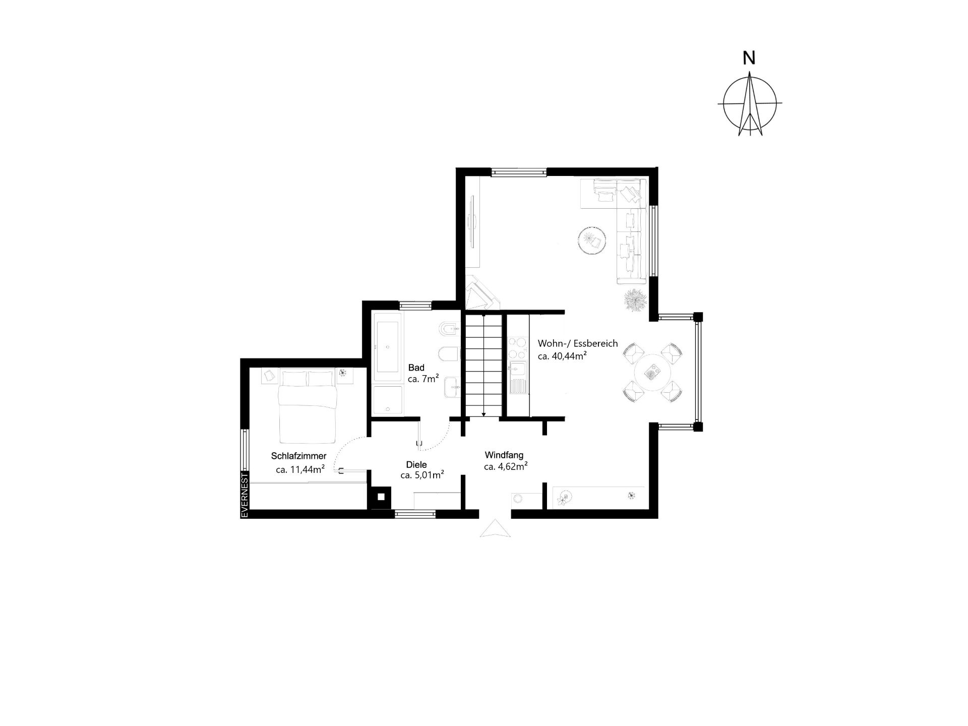Grundriss einer Wohnung mit Schlafzimmer, Bad, Diele, Windfang und Wohn-/Essbereich.
