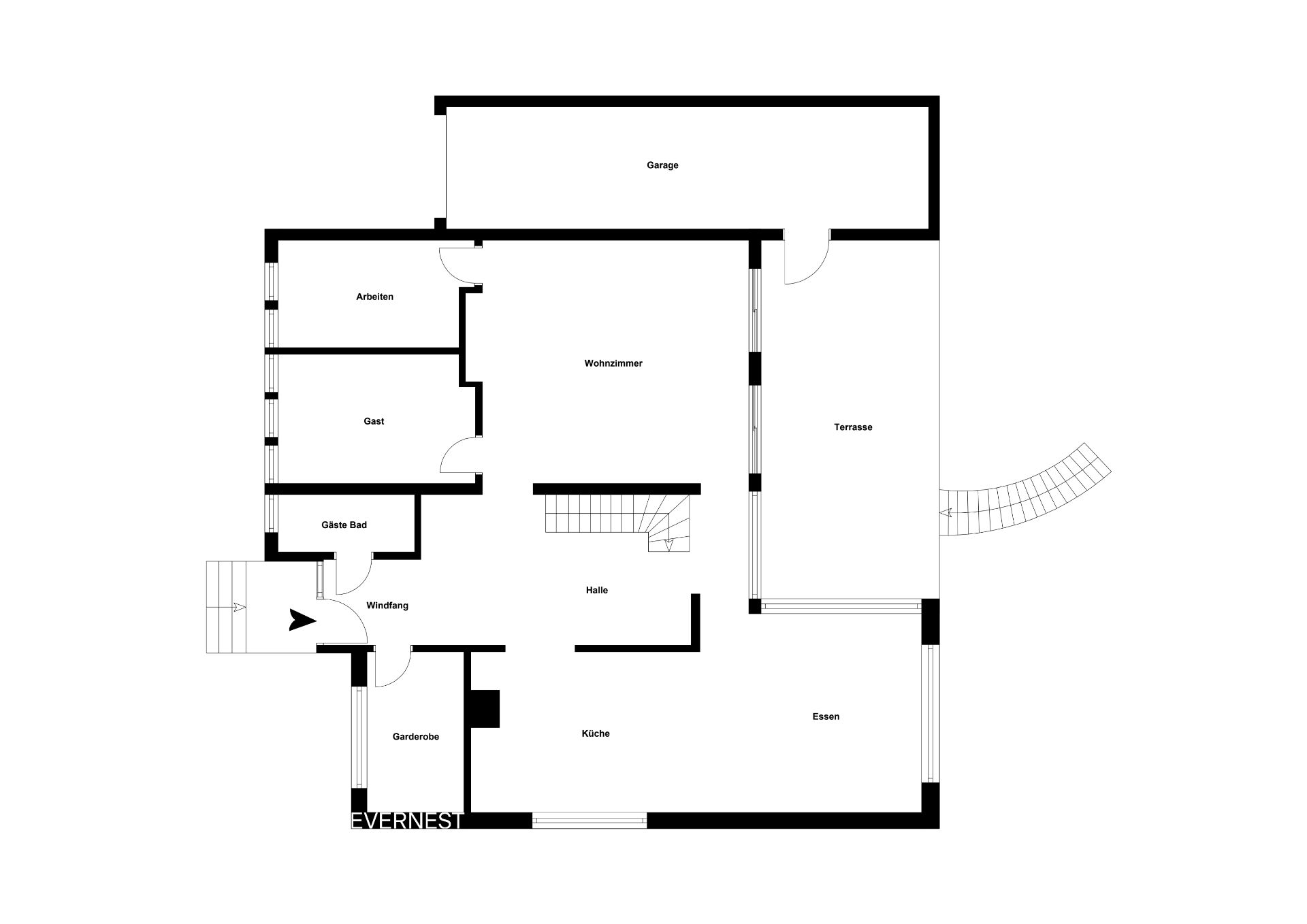 Grundriss eines Hauses mit Garage, Terrasse, Wohnzimmer, Küche, Essbereich und weiteren Räumen.