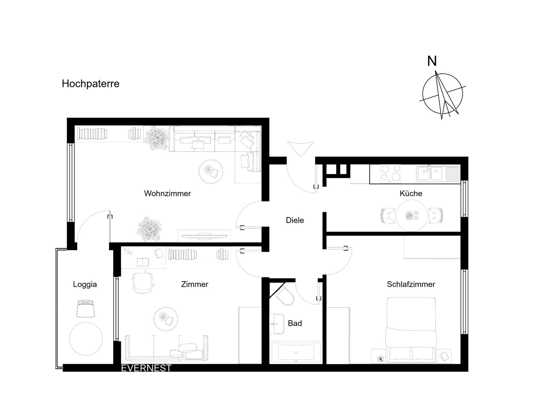 Grundriss einer Wohnung mit Wohnzimmer, Schlafzimmer, Zimmer, Küche, Bad, Diele und Loggia.