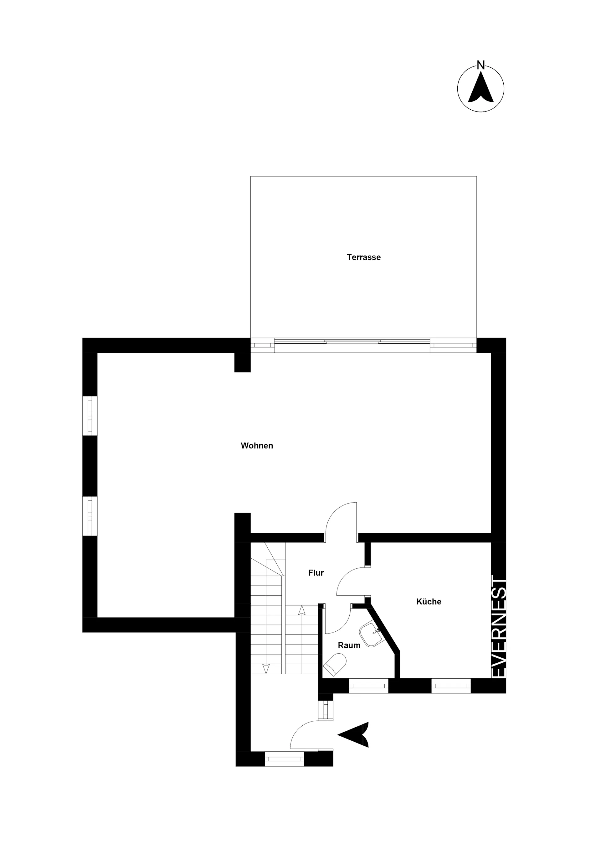 Grundriss mit Wohnzimmer, Küche, Flur, Raum und Terrasse.