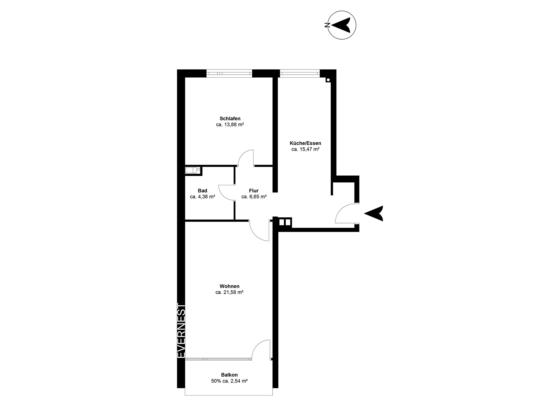 Grundriss einer Wohnung mit Schlaf-, Wohn-, Bad-, Flur- und Küchenbereich sowie Balkon.