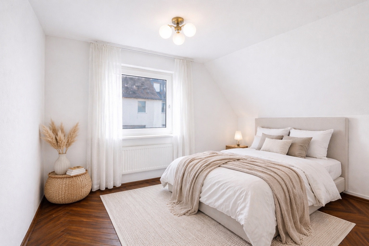 Helles Schlafzimmer mit Doppelbett, Fenster, Nachttisch und Dekoration auf Korbhocker.