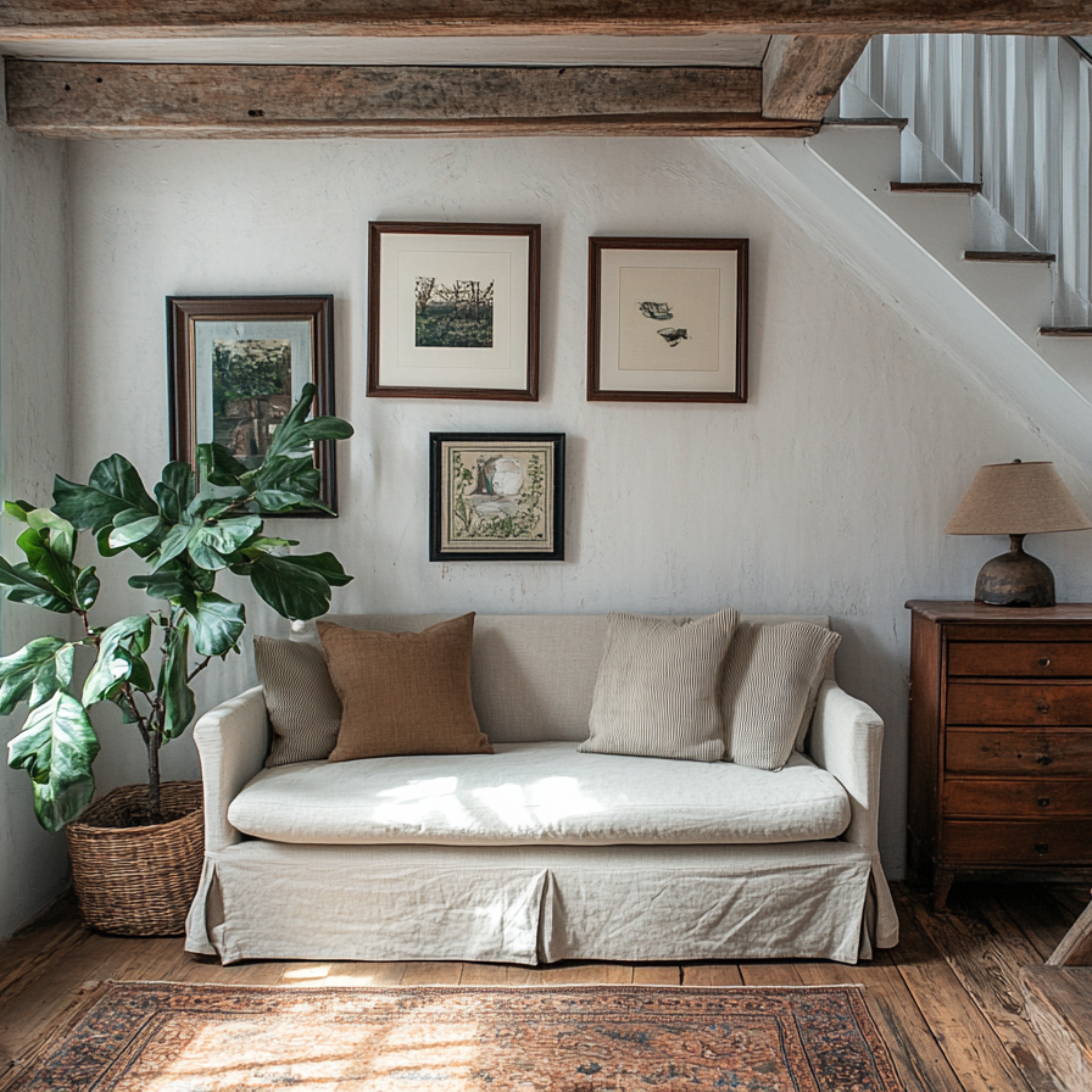 Wohnzimmer mit beiger Couch, vier gerahmten Bildern, großer Pflanze und Kommode unter Treppe.