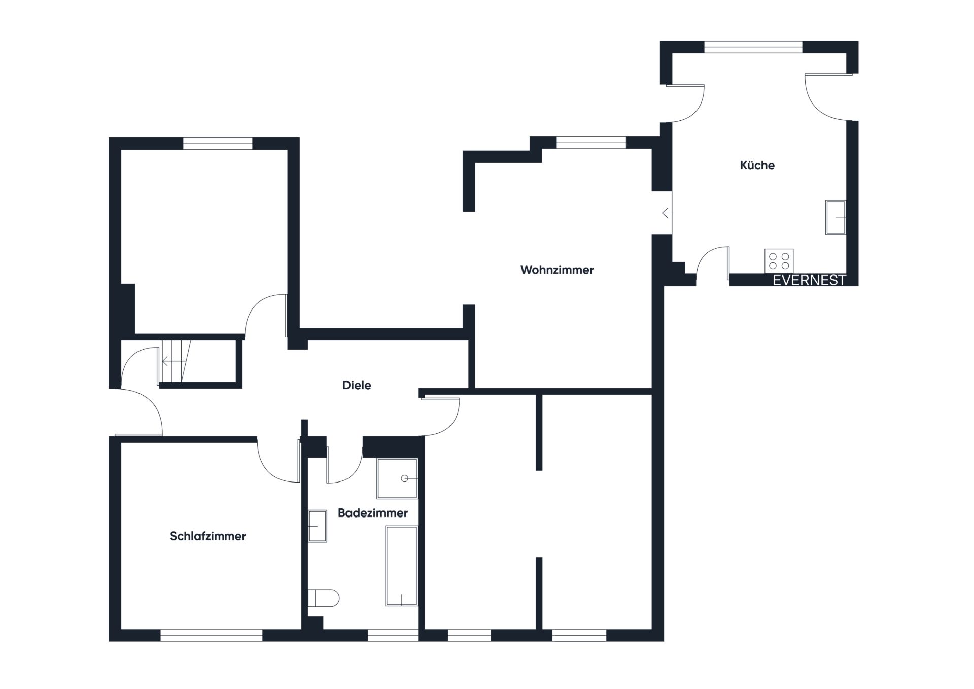 Grundriss einer Wohnung mit Schlafzimmer, Wohnzimmer, Küche, Bad und weiteren Räumen.